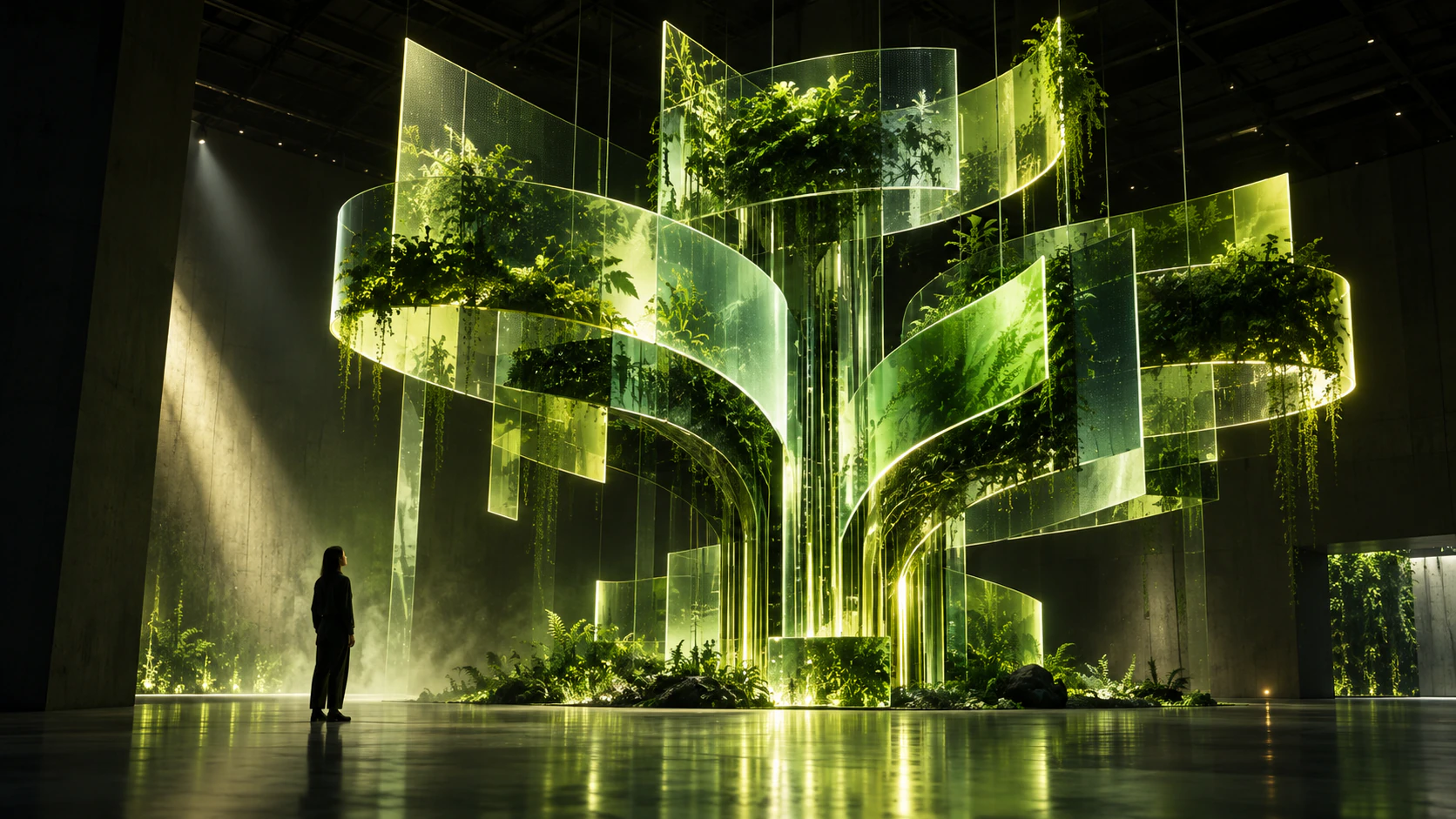 A monumental illuminated glass structure filled with living plants.