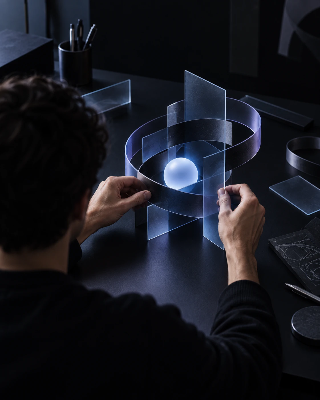 Designer at a dark desk assembling glass and metal forms around a glowing core.