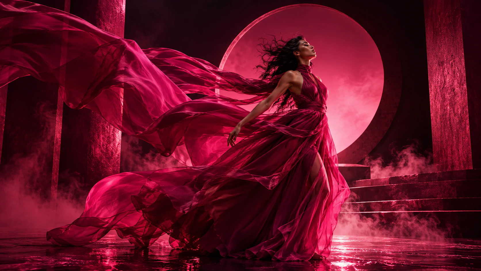 A dancer in flowing magenta fabric moving through a theatrical space.