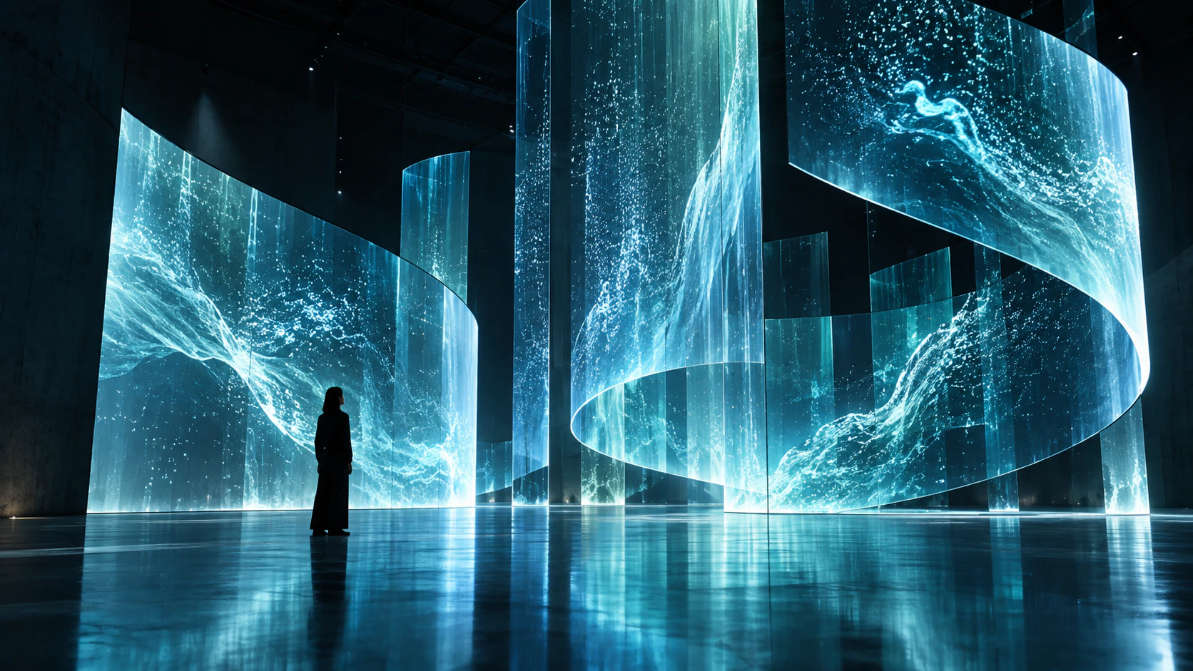 Immersive curved displays carrying luminous water through a dark gallery.