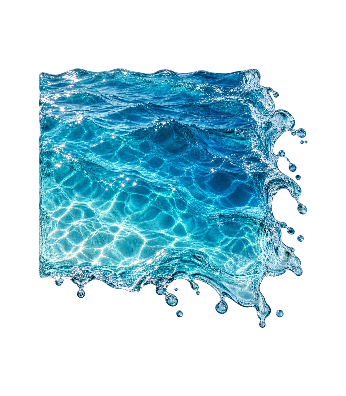 Blue ocean water with suspended waves and droplets.