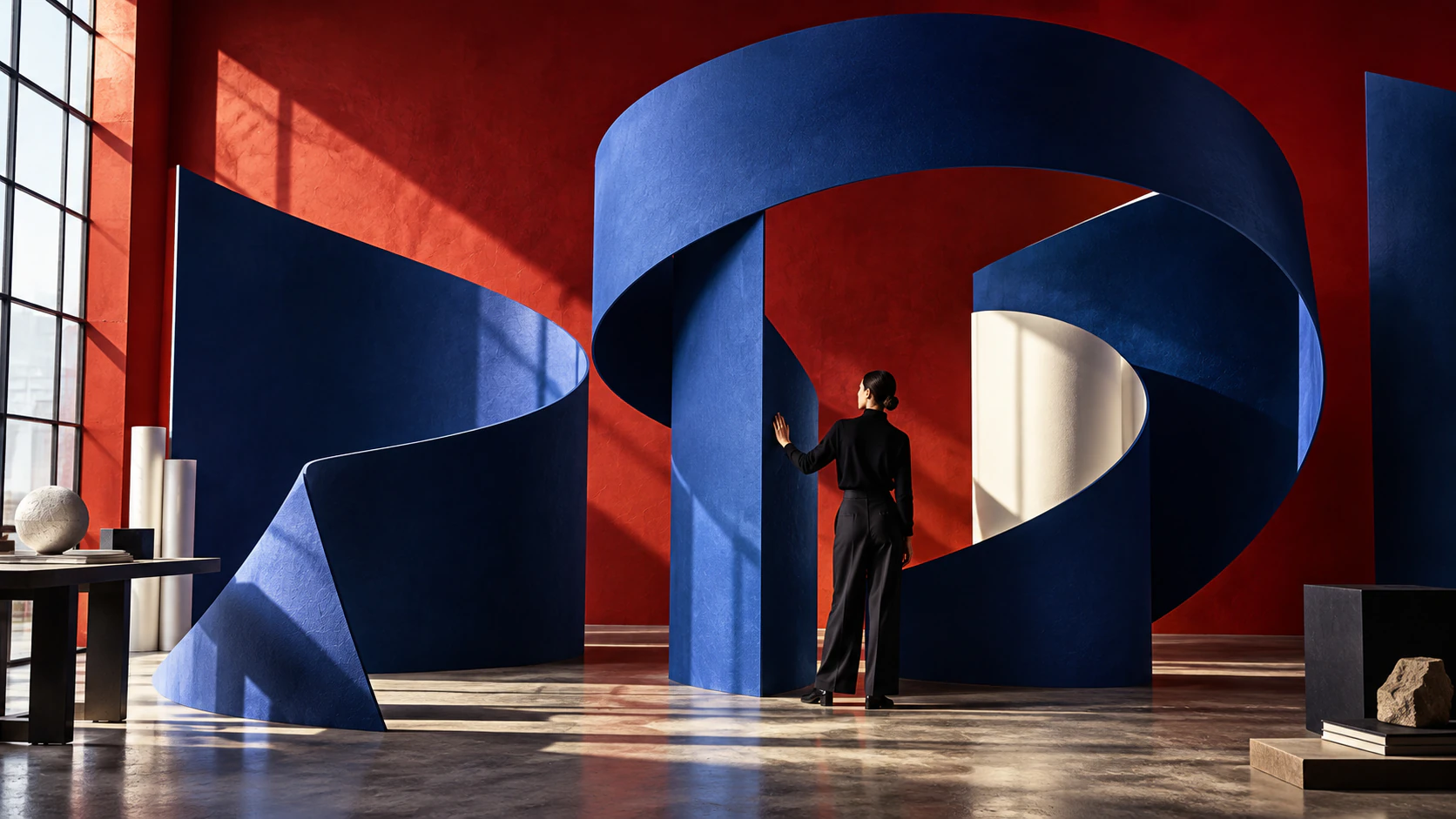 A sculptural blue ribbon installation in a red gallery interior.